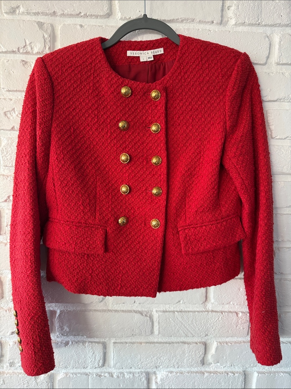 Veronica Beard Red Cropped Double-Breasted Bouclé Blazer with Gold Buttons 2